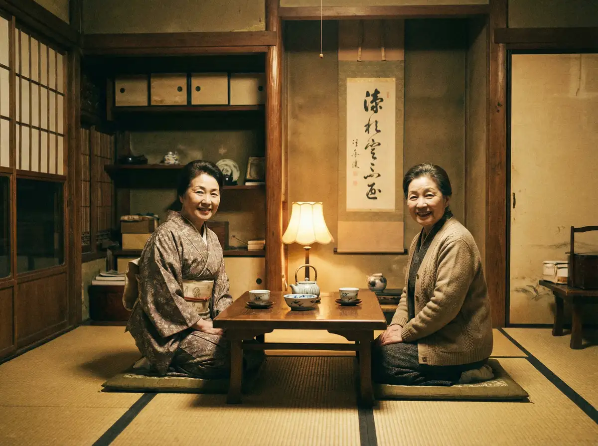两位优雅的 国产色 在日式茶室中品茶交谈